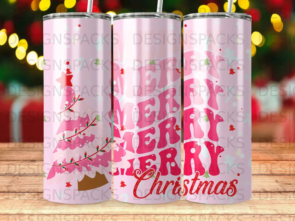 Tumbler with "MERRY Christmas" text and a decorated Christmas tree design.