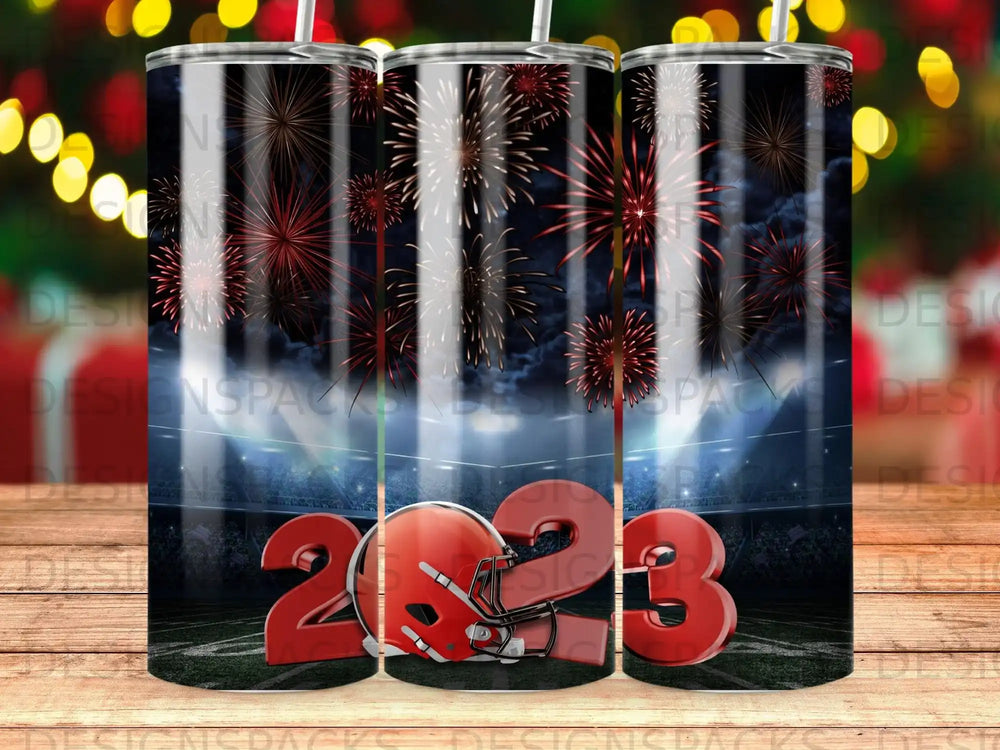 2023 with fireworks and football helmet on stadium background.