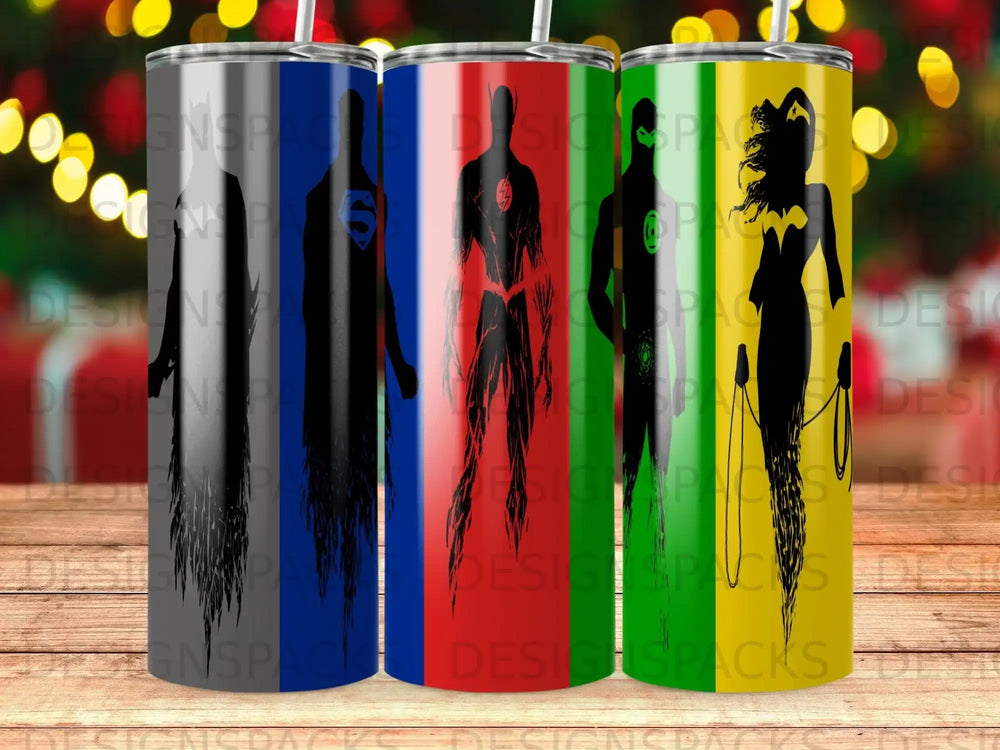 Silhouettes of Superman, Flash, and Batman on colorful tumblers.