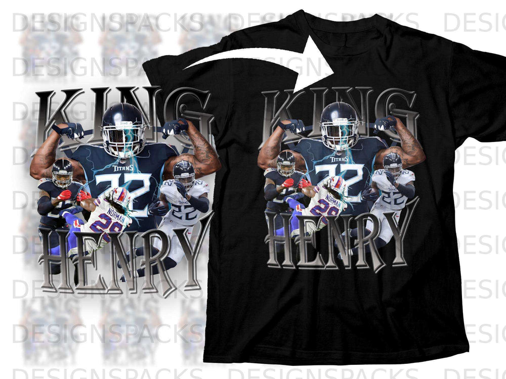 Black t-shirt with King Henry Titans graphic and player illustration.