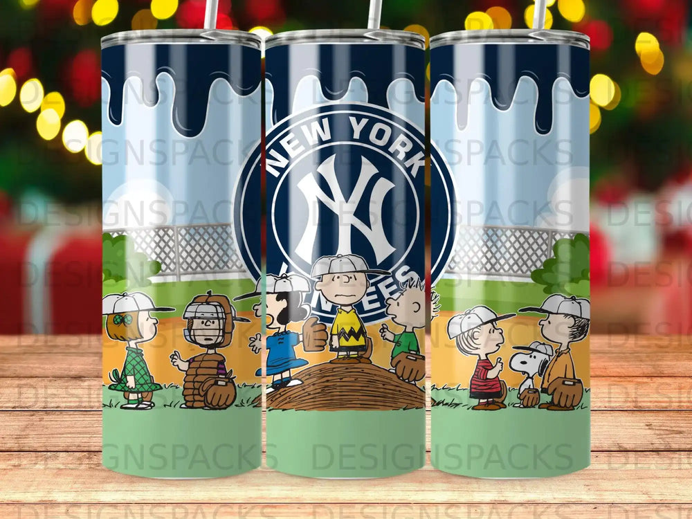 New York Yankees Peanuts characters on a blue tumbler with a green base.