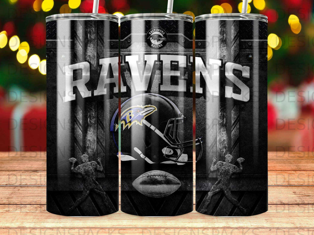 Baltimore Ravens helmet, football, and player silhouettes on a textured tumbler.