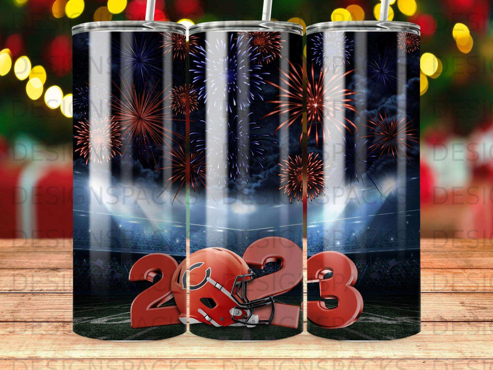 Football helmet with "2023" superimposed over stadium fireworks and field.