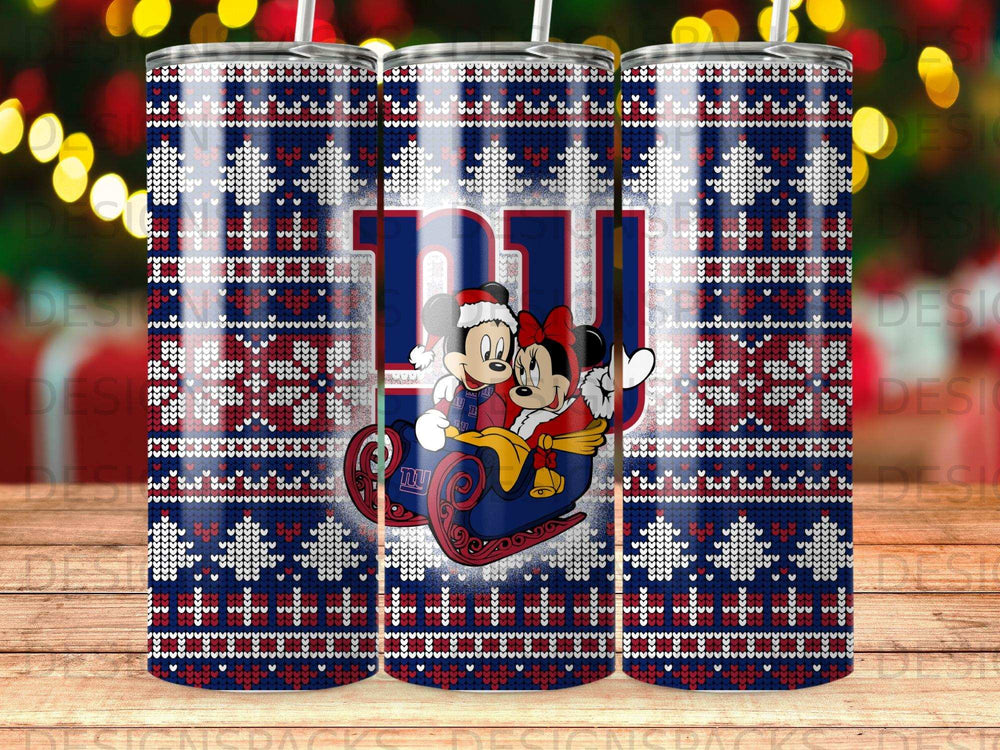 Mickey and Minnie Mouse in a sleigh on a New York Giants ugly Christmas sweater tumbler.
