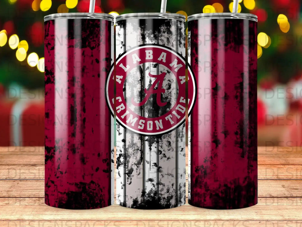 Alabama Crimson Tide tumbler with distressed red, black, and white design.