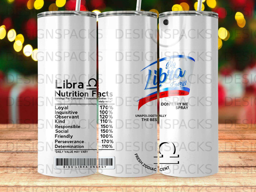 Libra zodiac sign nutrition facts label on a tumbler.