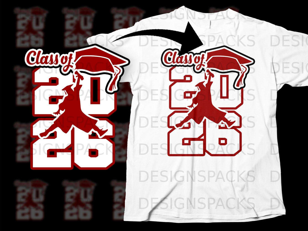 Red graduation cap and gown graphic with "Class of 2026" text on white t-shirt.
