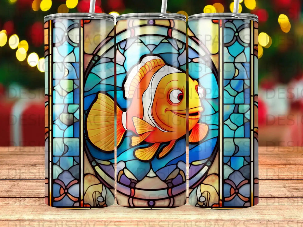 Stained glass tumbler featuring Nemo fish from Finding Nemo.
