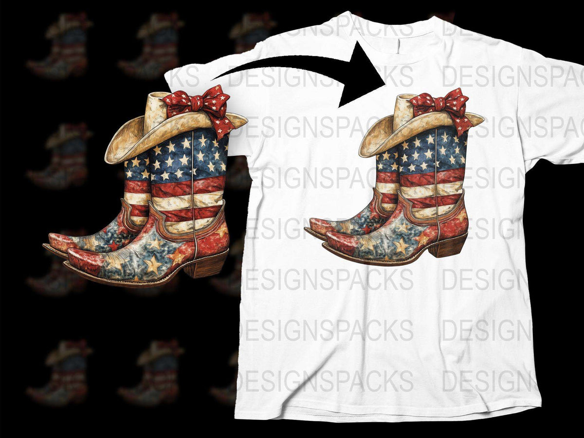 Patriotic Cowboy Boots T-Shirt, American Flag Print, Western Style Tee, Unique Unisex Apparel