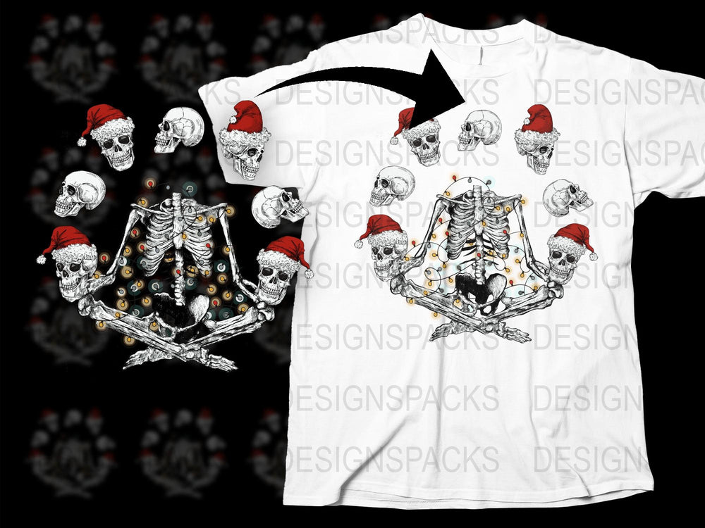 Gothic Skull and Santa Hat Christmas T-Shirt, Unique Holiday Graphic Tee, Black and White Design