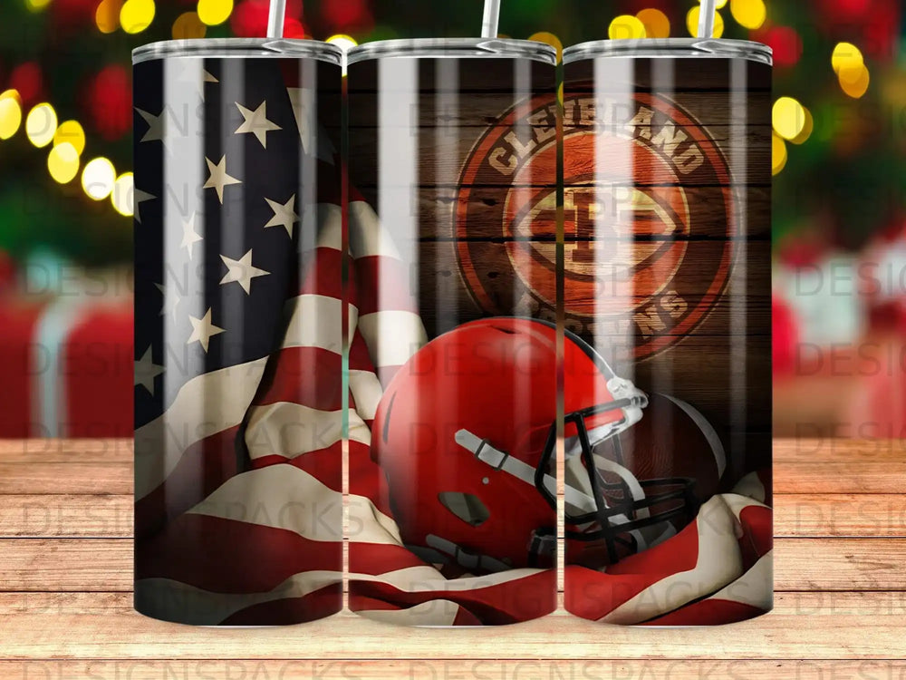 Cleveland Browns helmet and American flag on a wood background.