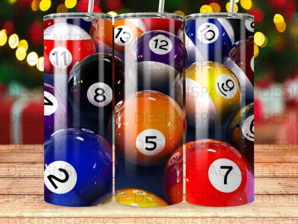 Tumbling billiard balls with numbers 2, 5, 7, 8, 11, 12, and 13.