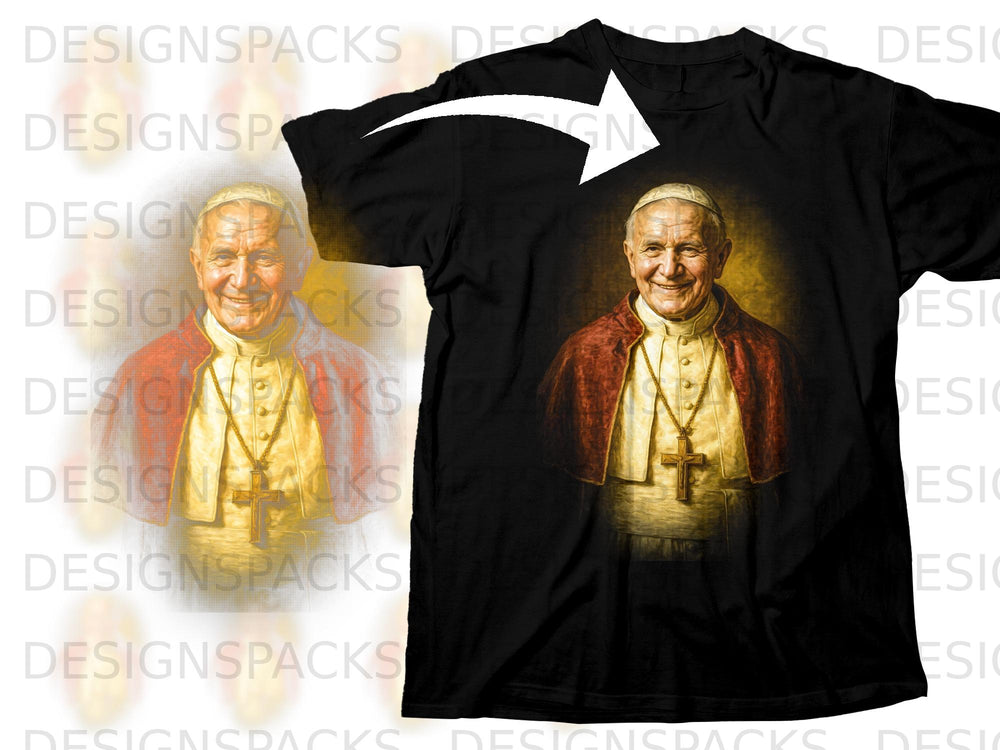 Black t-shirt with a painting of Pope John Paul II in papal vestments.