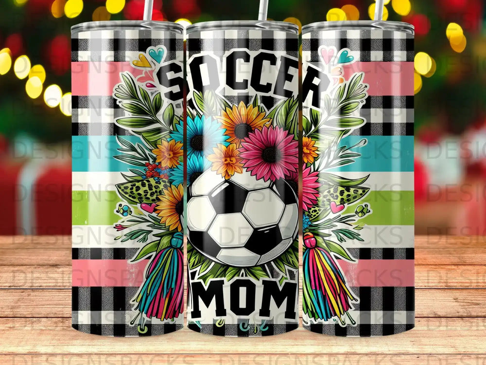 Soccer Mom tumbler with colorful flowers, soccer ball, and tassels on plaid background.