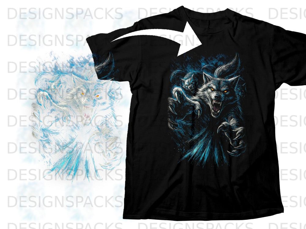Black t-shirt featuring a detailed graphic of three snarling wolves with glowing eyes.