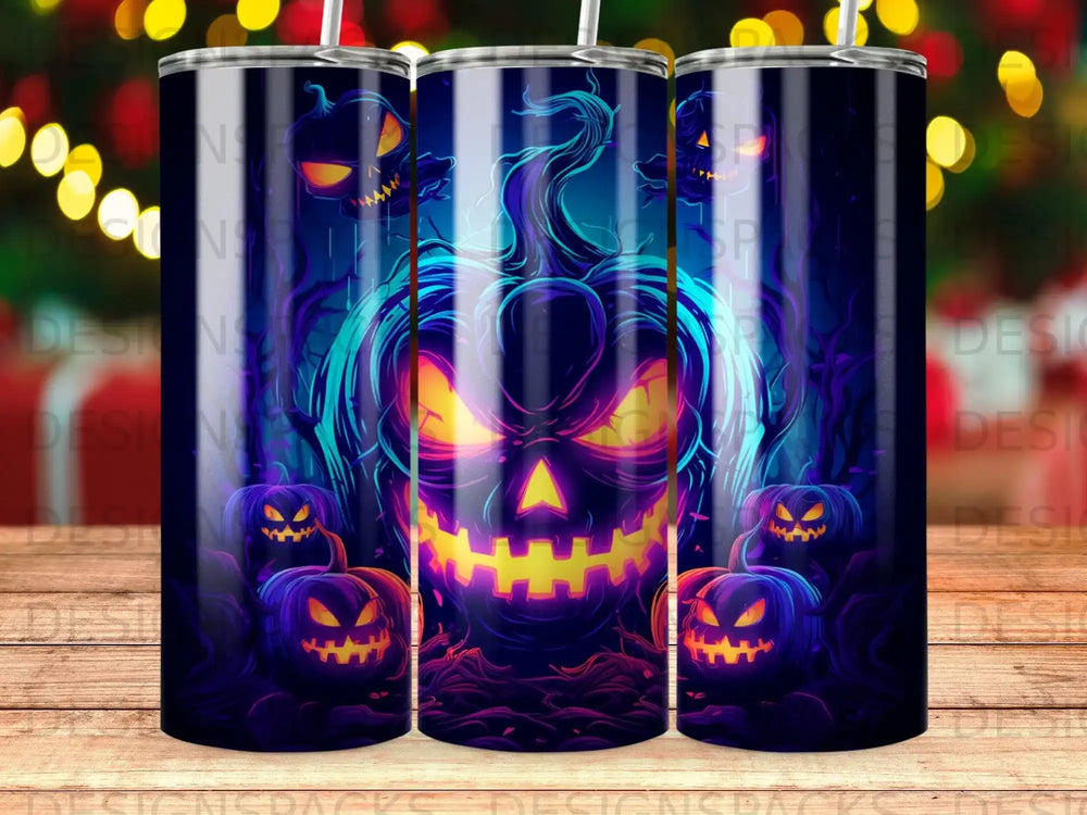 Jack-o'-lanterns with glowing faces under a full moon.
