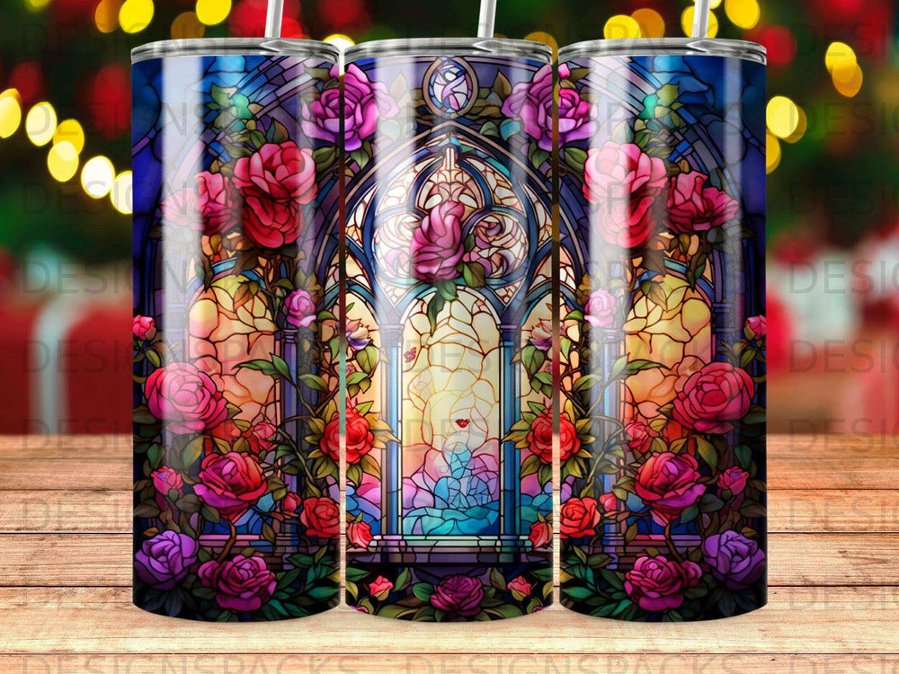 Floral stained glass window design on a tumbler.