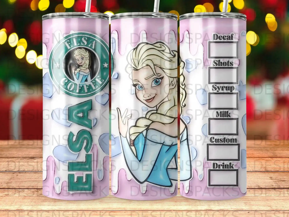 Elsa coffee cup with "Decaf," "Syrup," "Custom," and "Drink" labels.