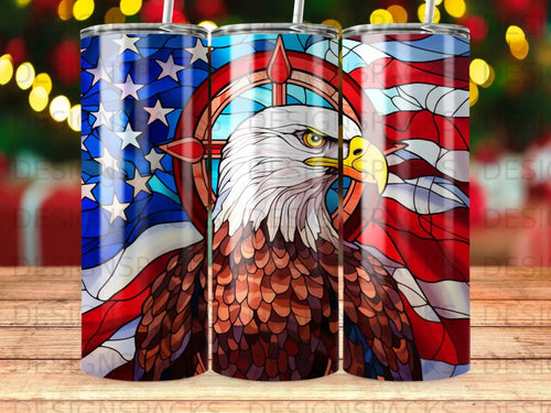 Stained glass eagle with American flag motif on tumbler.