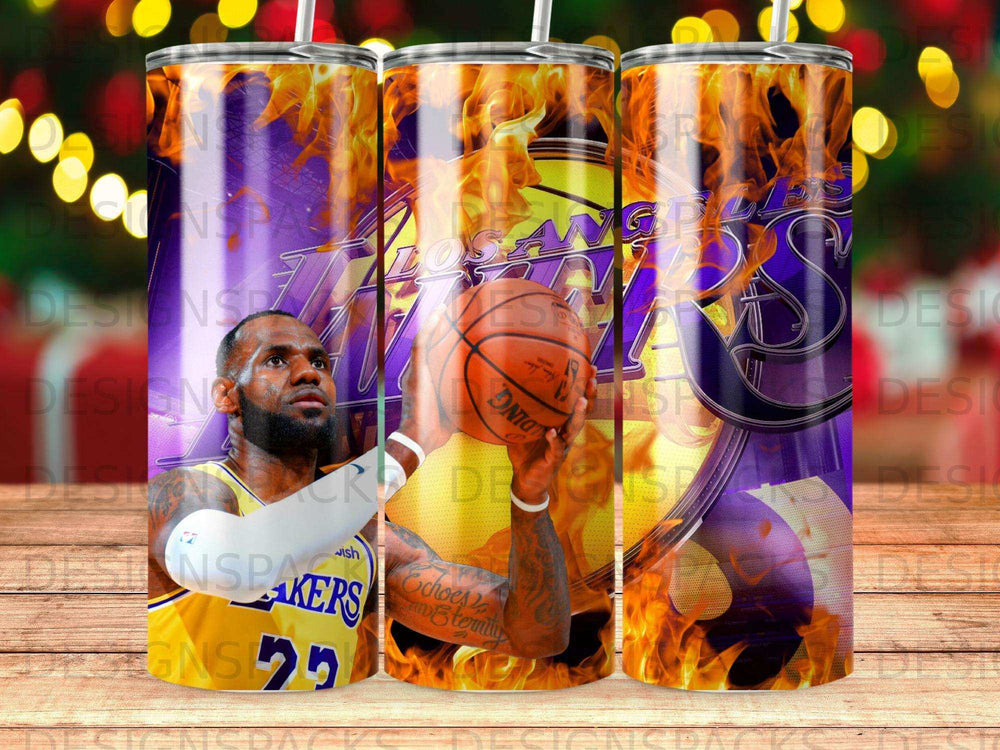 LeBron James holding basketball with Los Angeles Lakers logo and flames.