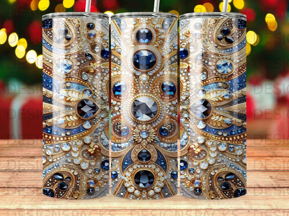 Triptych of jewel-encrusted tumblers with ornate gold and blue mosaic patterns.