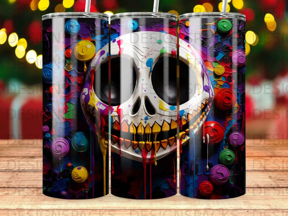 Colorful skull tumbler with dripping paint and bright bokeh background.
