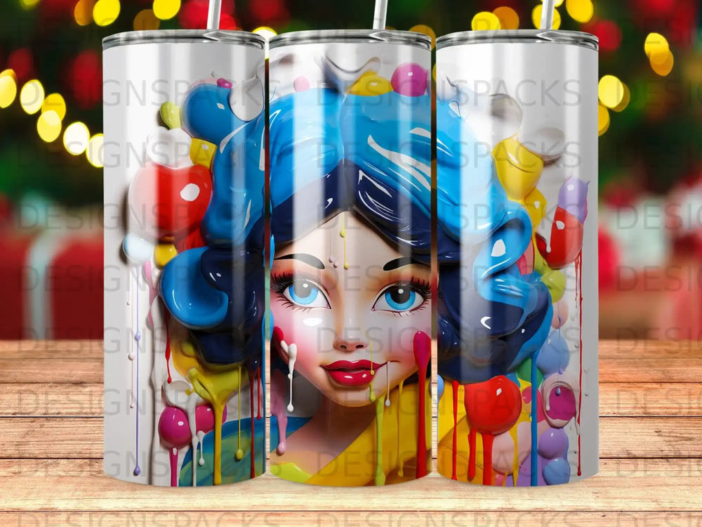 Close-up of a cartoon woman's face with colorful, melting paint drips.