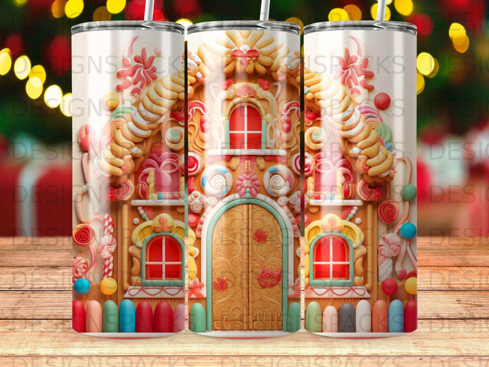 Gingerbread house tumbler with candy cane, lollipop, and gumdrop accents.