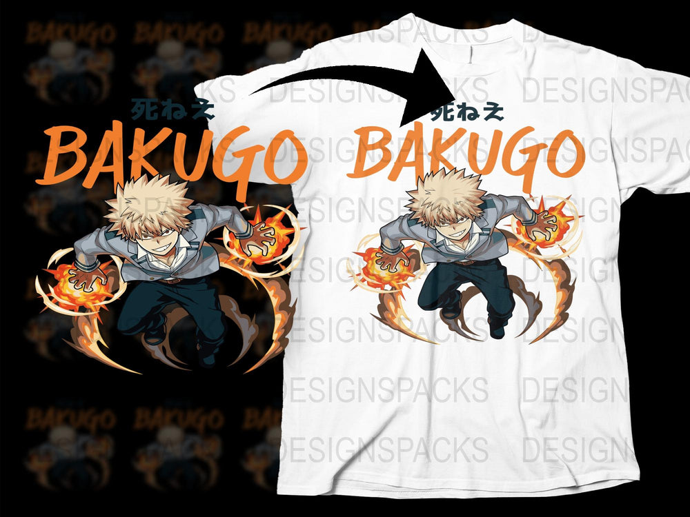 Anime Inspired Bakugo Graphic T-Shirt, White Tee with Fire Powers Hero Design, Unisex Manga Shirt