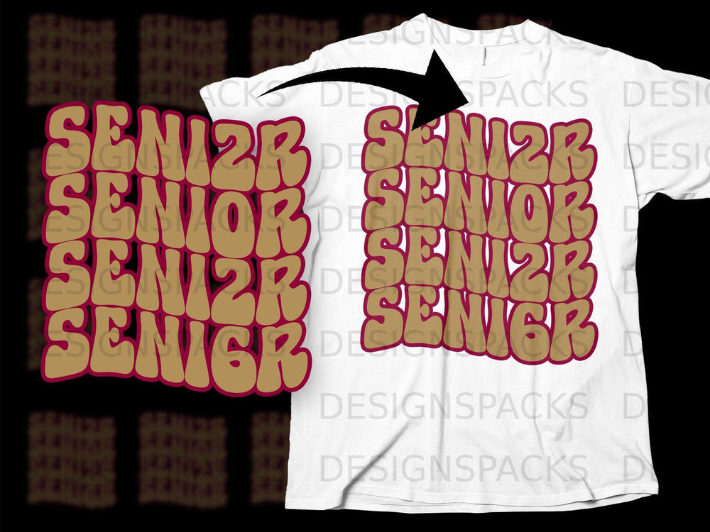 Gold and maroon "Senior" text repeated in a grid on a white t-shirt.
