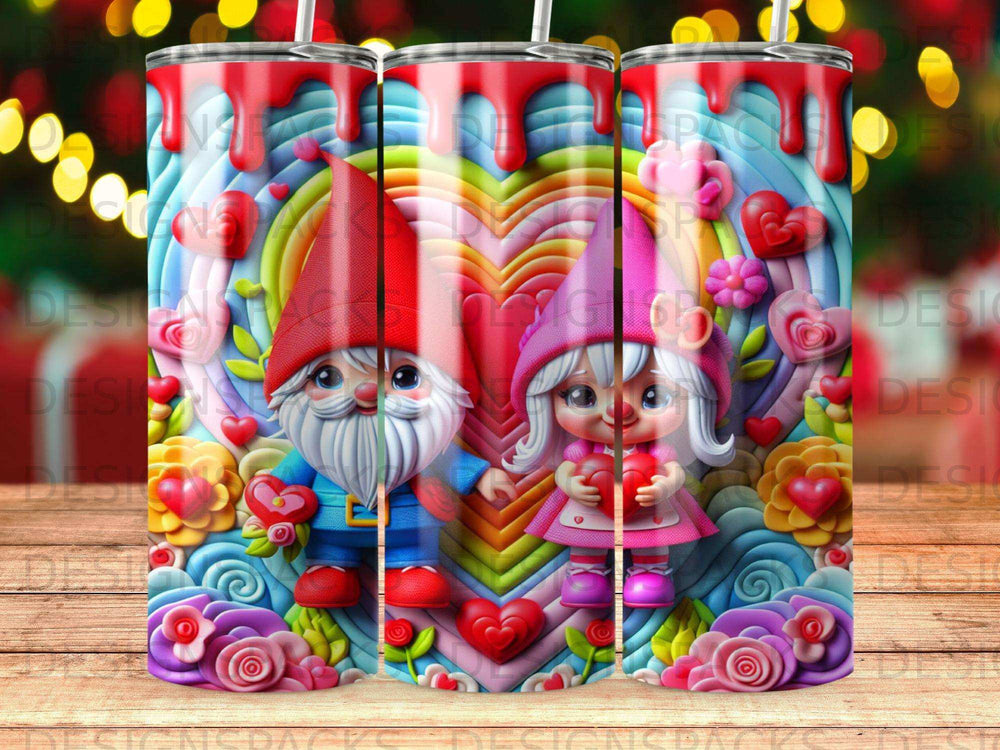 Gnomes celebrating Valentine's Day with hearts, flowers, and colorful swirls.