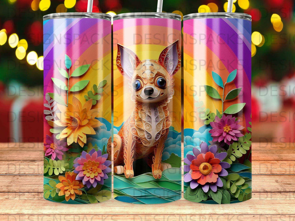 Chihuahua on colorful, floral background.