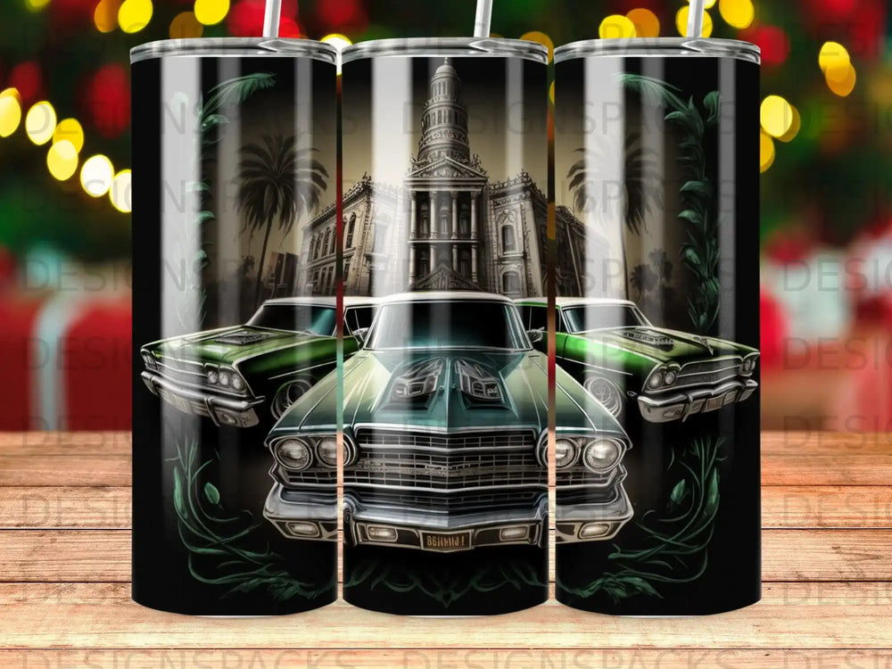 Three vintage green muscle cars in front of a grand building, framed by dark foliage.