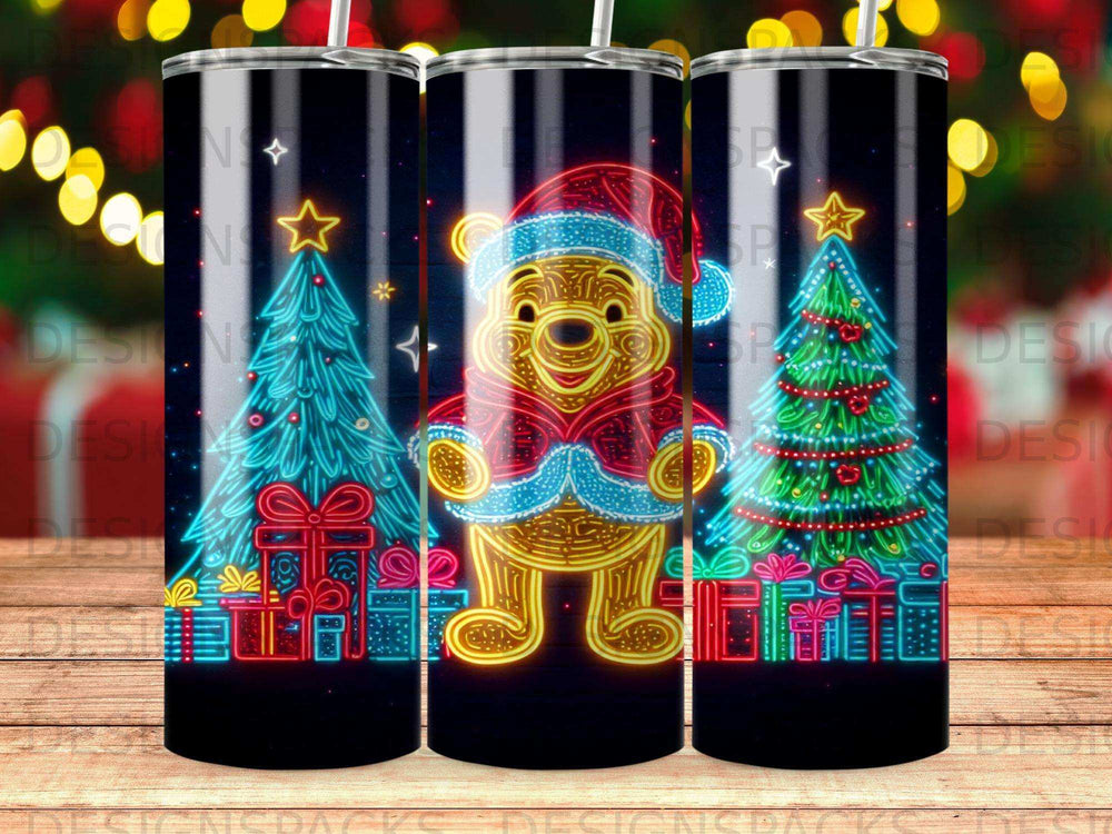 Winnie the Pooh in Santa hat with neon Christmas trees and gifts.