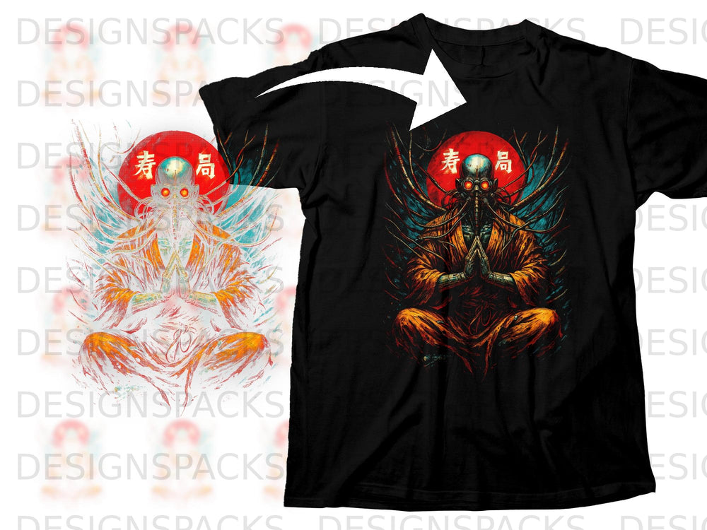 Black t-shirt featuring a meditating figure with a gas mask and Japanese characters 寿局.