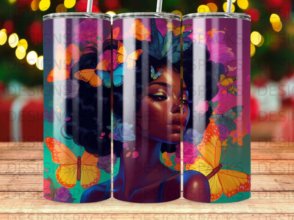 Woman with butterflies in her hair, vibrant colors.