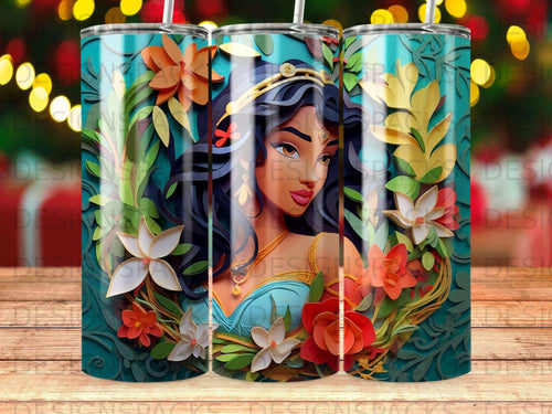 Woman with dark hair and floral crown, surrounded by colorful flowers and leaves.