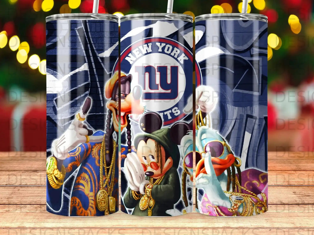 Mickey Mouse, Goofy, and Donald Duck in New York Giants attire.