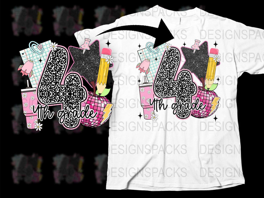 4th Grade T-Shirt with Colorful Pencil and Notebook Design, Fun Back to School Outfit for Kids, Trendy Graphic Tee