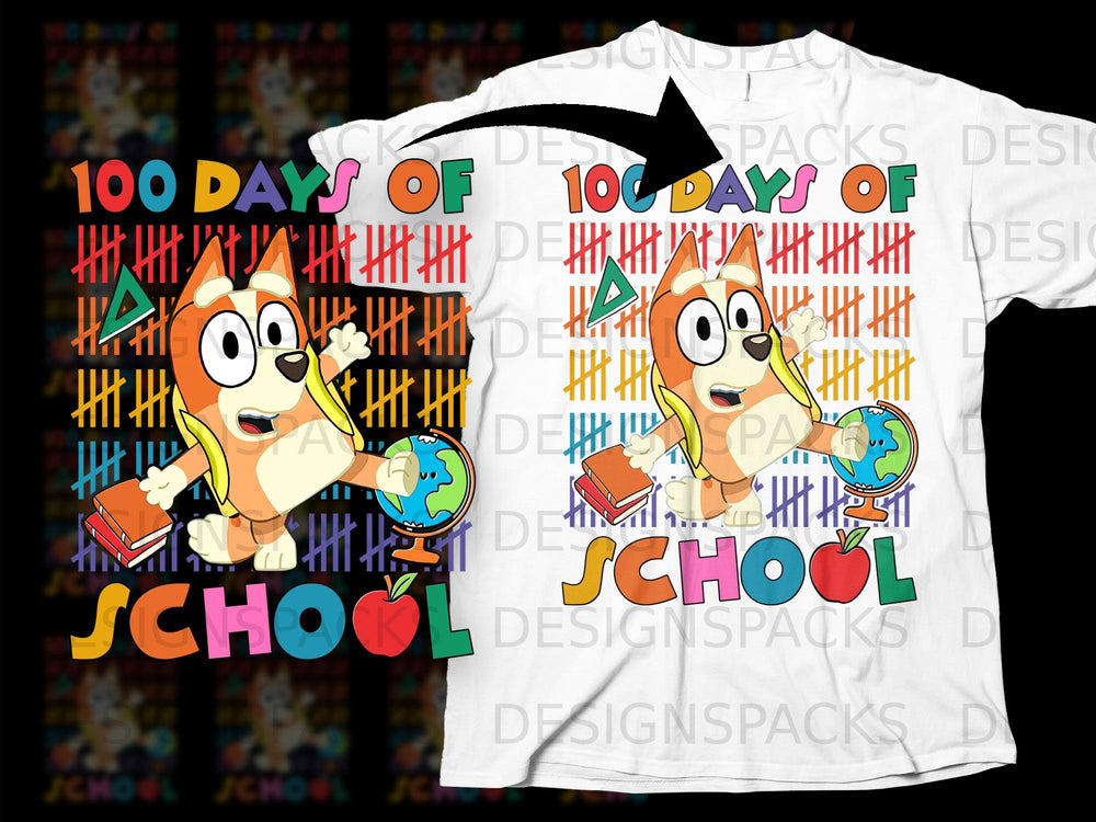 Bluey character celebrates 100 days of school with tally marks, books, and the Earth.