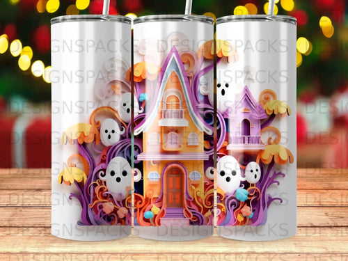 Haunted house with ghosts and colorful flowers.