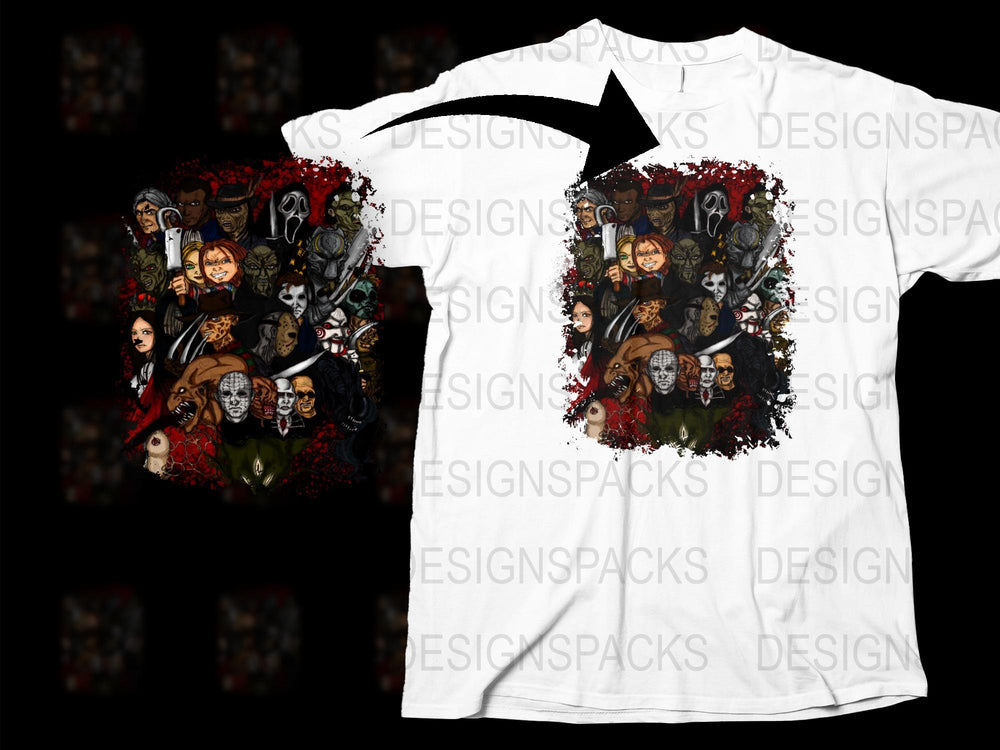 Horror Movie Icons T-Shirt, Classic Scary Characters, Unisex Graphic Tee, Full Color Design, Fan Gift Idea