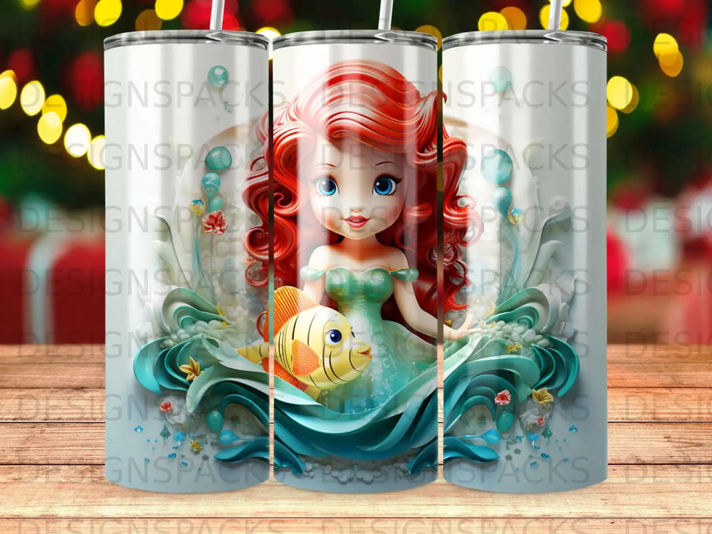 Ariel from The Little Mermaid with a fish in a teal dress.