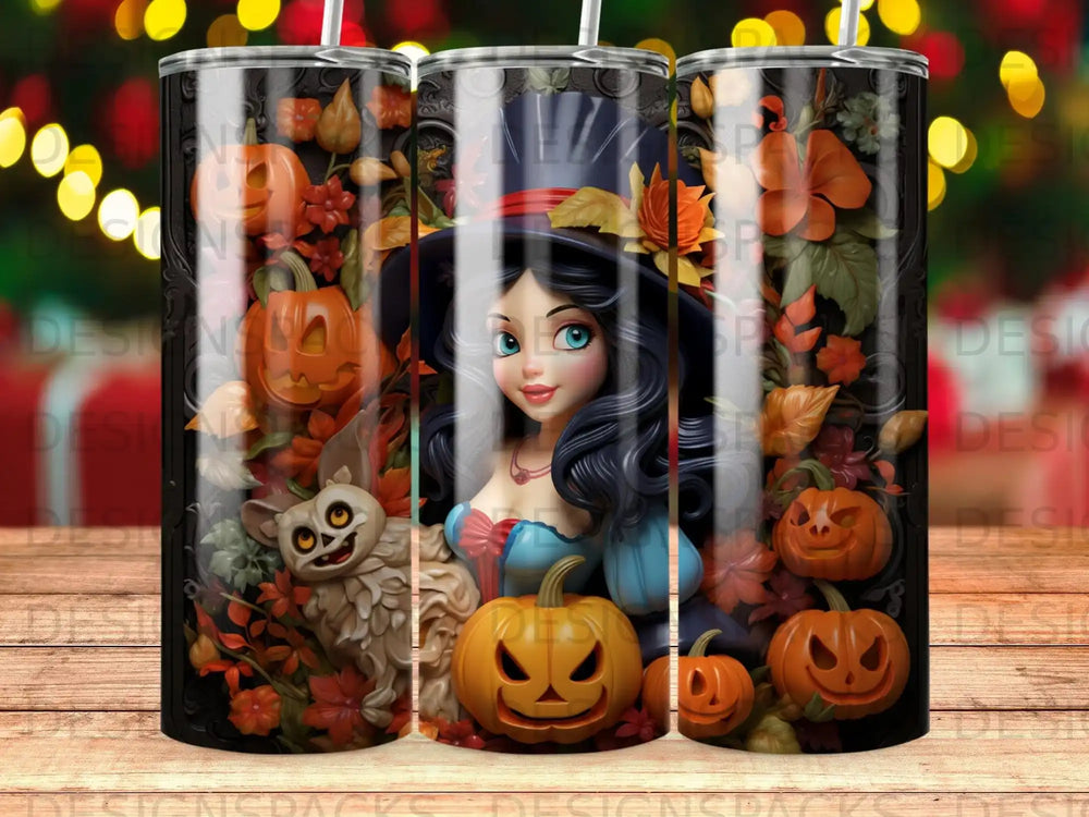 Halloween tumbler design with witch, pumpkins, and spooky creatures.