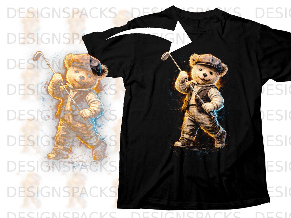Teddy bear golfer in plaid outfit and cap swinging a golf club.