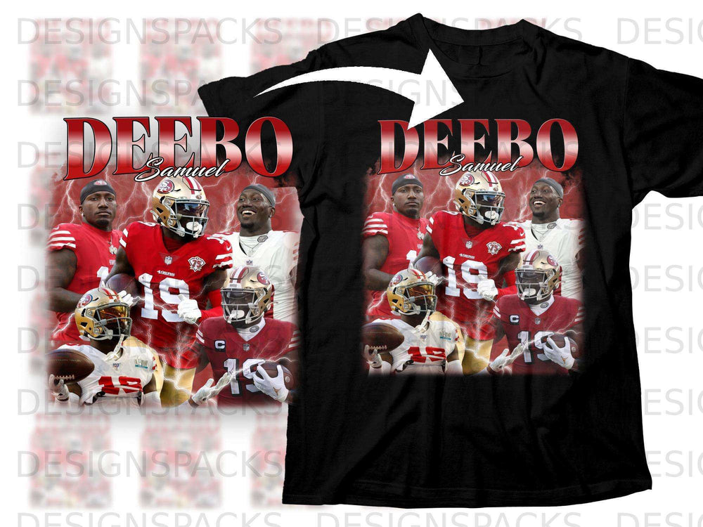 Black t-shirt featuring Deebo Samuel 19 on a 49ers jersey.