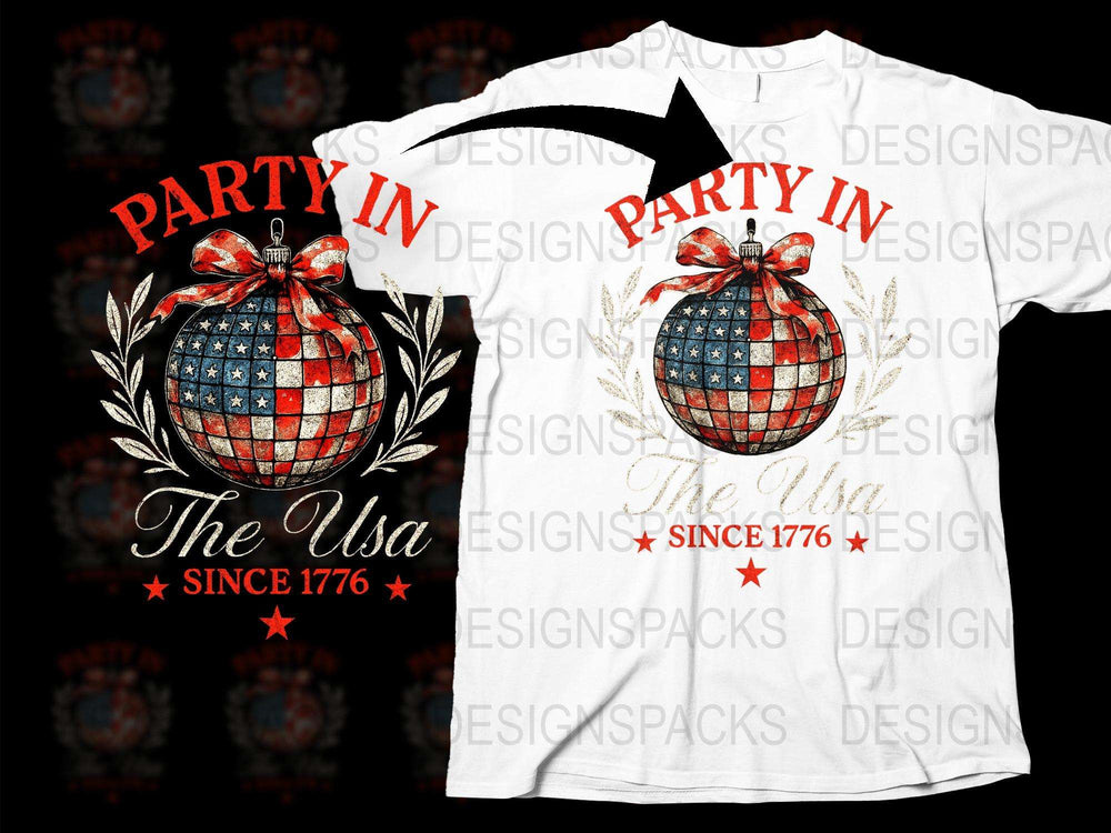 Patriotic USA Party T-Shirt, American Flag Disco Ball Design, Unisex White Tee, Independence Day Apparel Since 1776
