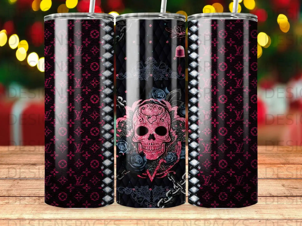 Black tumbler with pink skull, roses, and LV pattern.