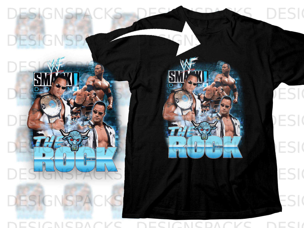 Black t-shirt graphic featuring The Rock wrestling and the text "The Rock".