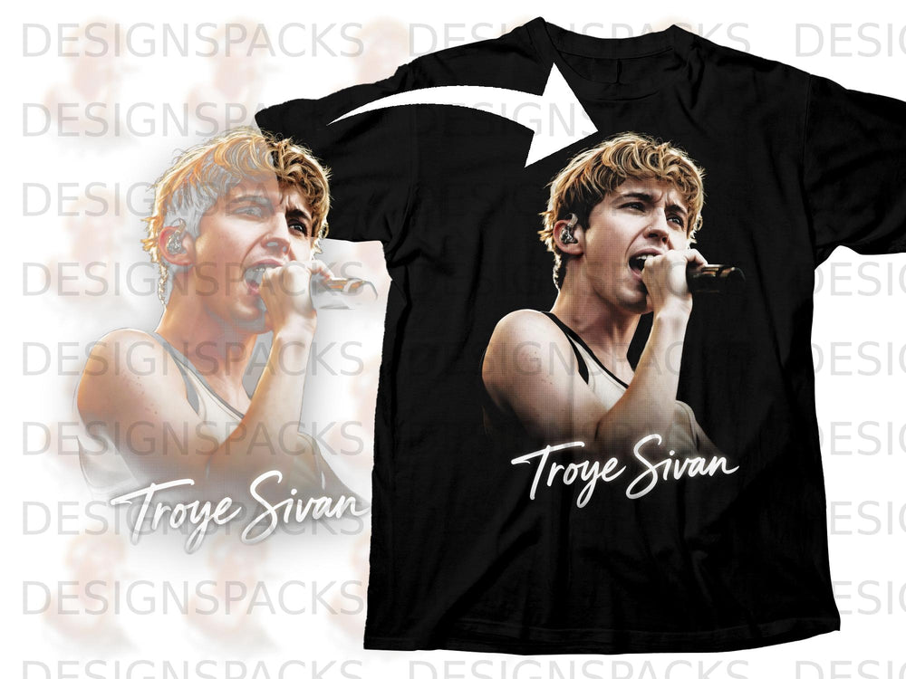 Troye Sivan graphic on a black t-shirt, with name below the image.